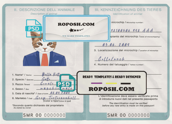 San Marino cat (animal, pet) passport PSD template, fully editable