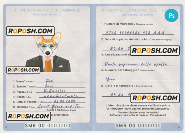 San Marino dog (animal, pet) passport PSD template, fully editable