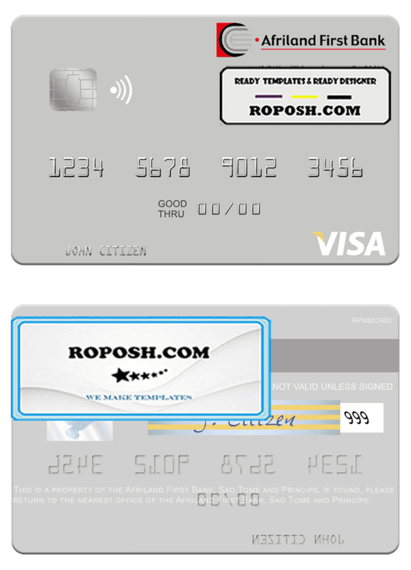 Sao Tome and Principe Afriland First Bank visa debit card template in PSD format