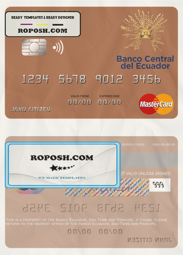 Sao Tome and Principe Banco Ecuador mastercard template in PSD format scan effect