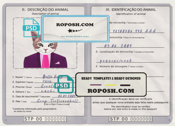 São Tomé and Príncipe cat (animal, pet) passport PSD template, fully editable