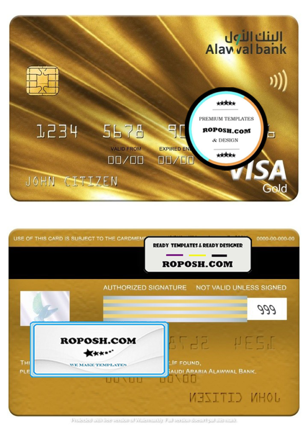 Saudi Arabia Alawwal Bank visa gold card, fully editable template in PSD format