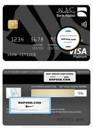 Saudi Arabia Bank Albilad bank visa platinum card, fully editable template in PSD format