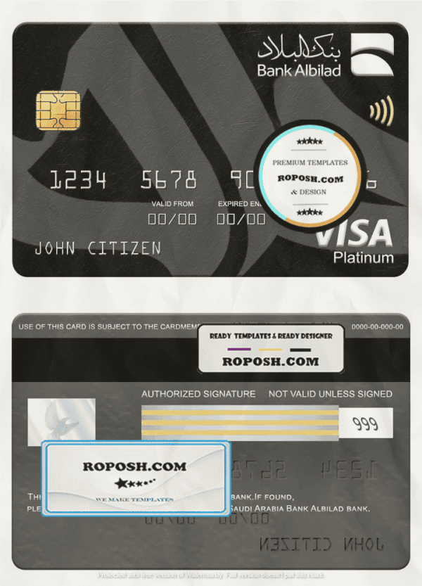 Saudi Arabia Bank Albilad bank visa platinum card, fully editable template in PSD format