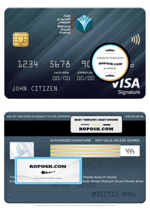 Saudi Arabia Banque Saudi Fransi bank visa signature card, fully editable template in PSD format