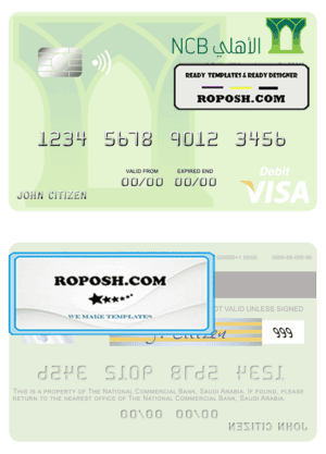 Saudi Arabia The National Commercial Bank visa debit card template in PSD format