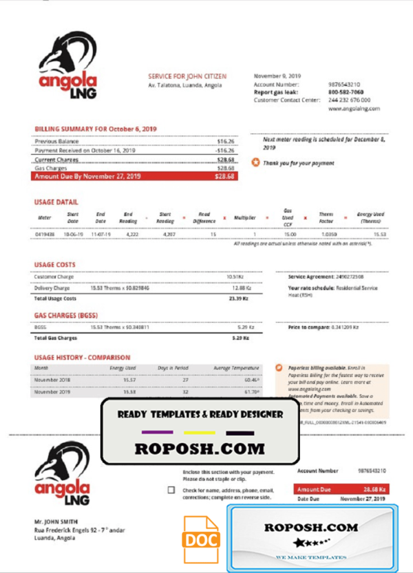 Angola LNG proof of address utility bill template in Word and PDF format