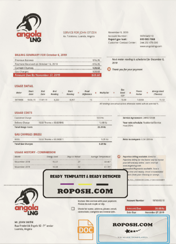 Angola LNG proof of address utility bill template in Word and PDF format