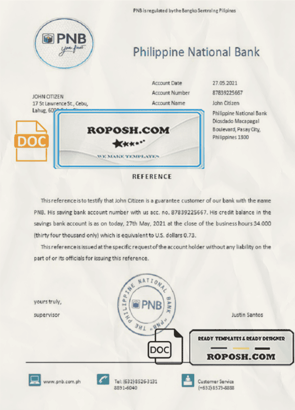 Philippines Philippine National Bank bank reference letter template in Word and PDF format