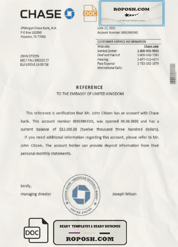USA Chase bank reference letter template in Word and PDF format