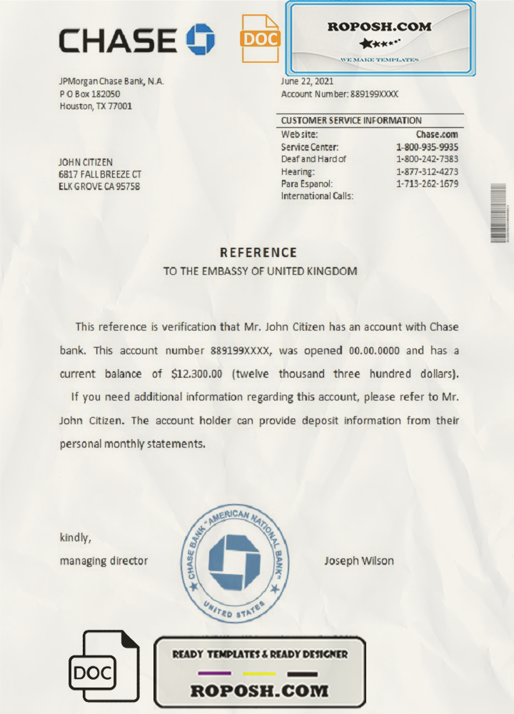 USA Chase bank reference letter template in Word and PDF format scan effect