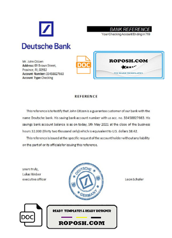 Germany Deutsche bank account reference letter template in Word and PDF format