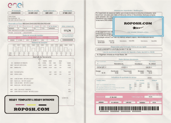 Brazil ENEL electricity utility bill template in Word and PDF format (2 pages)