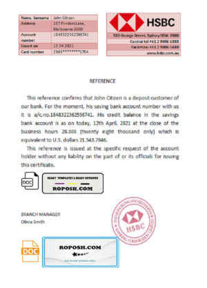 Australia HSBC bank account reference letter template in Word and PDF format
