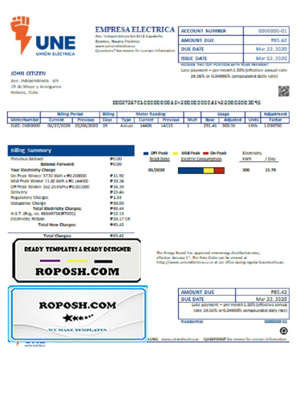 Cuba Empresa Electrica utility bill template in Word and PDF format scan effect