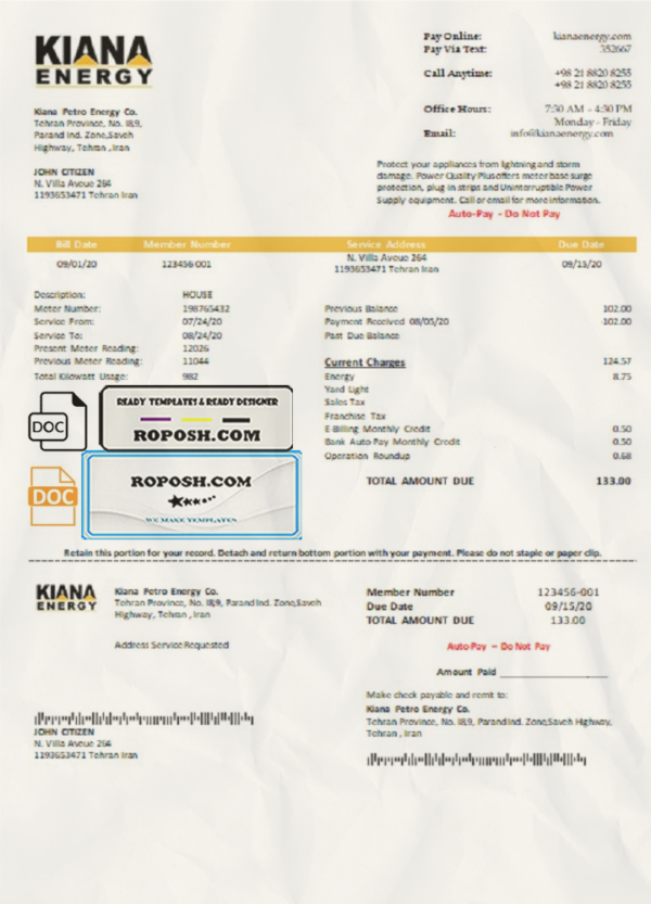 Iran Kiana Petro Energy Co utility bill template in Word and PDF format scan effect