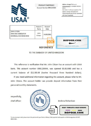 USA USAA bank account reference letter template in Word and PDF format