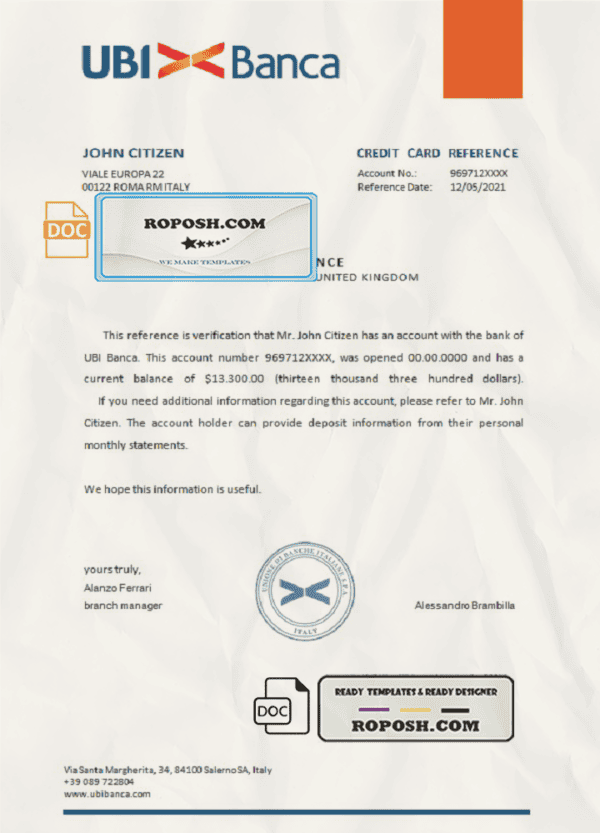 Italy UBI bank account reference letter template in Word and PDF format