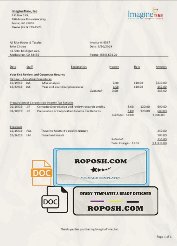 Australia Imagine Time utility bill template in Word and PDF format