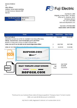 Bahrain Falcon Electrical S.P.C electricity utility bill template in Word and PDF format