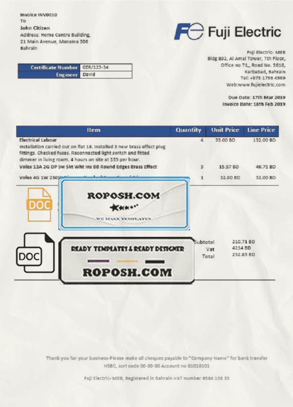 Bahrain Falcon Electrical S.P.C electricity utility bill template in Word and PDF format