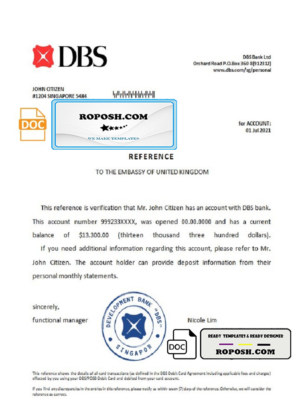 Singapore DBS bank reference letter template in Word and PDF format