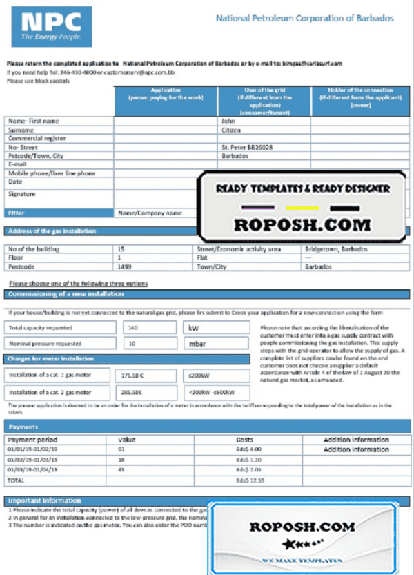 Barbados National Petroleum Corporation of Barbados gas utility bill template in Word and PDF format