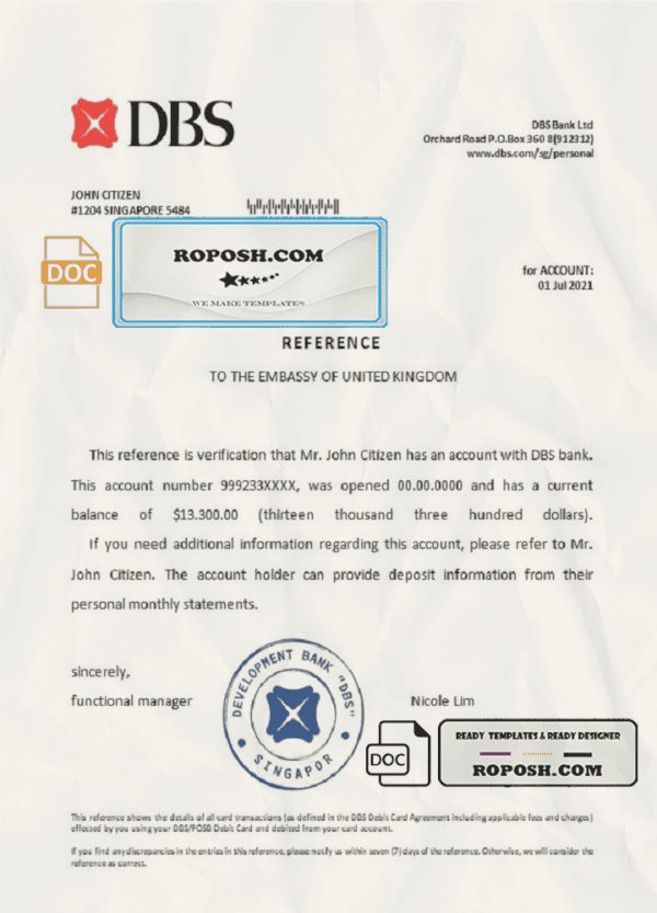 Singapore DBS bank reference letter template in Word and PDF format
