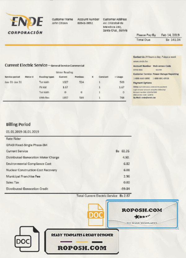 Bolivia ENDE Corporacion electricity utility bill template in Word and PDF format
