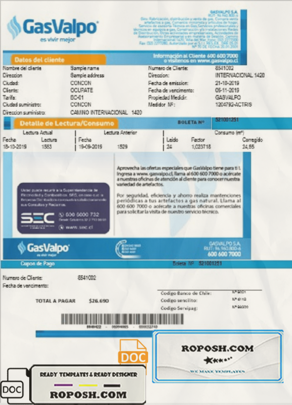 Chile GasValpo utility bill template, fully editable in Word and PDF format scan effect