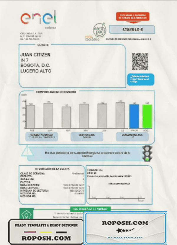 Colombia ENEL energy utility bill template in Word and PDF format