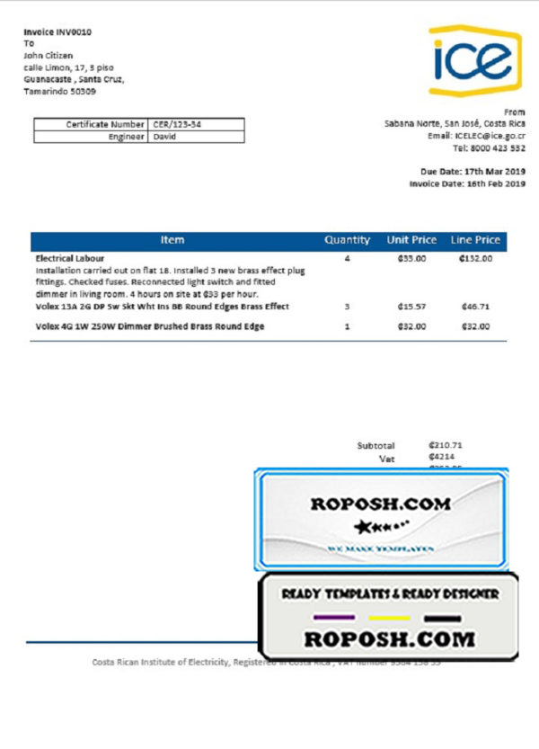 Costa Rica Costa Rican Institute of Electricity utility bill template in Word and PDF format
