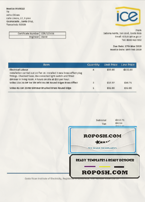Costa Rica Costa Rican Institute of Electricity utility bill template in Word and PDF format scan effect