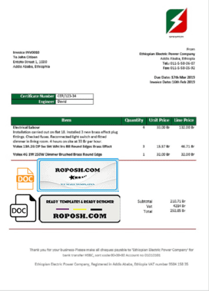 Ethiopia Ethiopian Electric Power Company electricity utility bill template in Word and PDF format