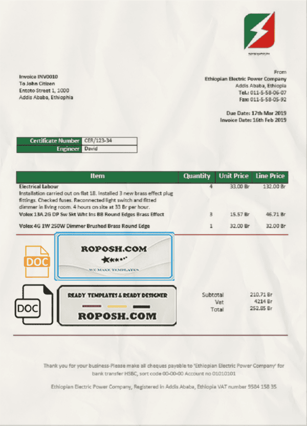 Ethiopia Ethiopian Electric Power Company electricity utility bill template in Word and PDF format