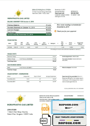 India Indraprastha Gas utility bill template in Word and PDF format