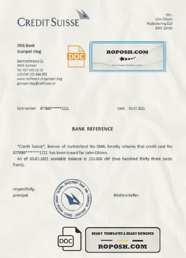 Switzerland Credit Suisse bank reference letter template in Word and PDF format