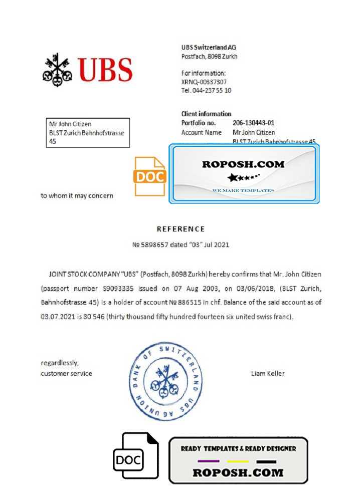 Switzerland UBS bank reference letter template in Word and PDF format