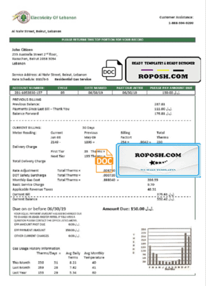 Lebanon Electricity of Lebanon utility bill template in Word and PDF format