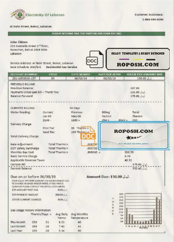 Lebanon Electricity of Lebanon utility bill template in Word and PDF format scan efect