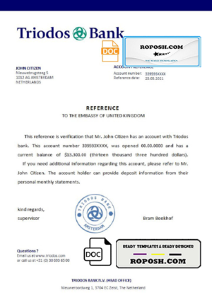 Netherlands Triodos Bank bank certificate template in Word and PDF format