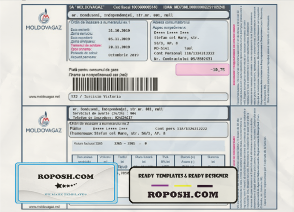 Moldova Moldovagaz utility bill template in Word and PDF format scan effect