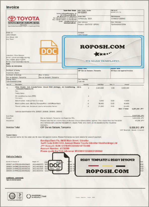 USA Toyota invoice template in Word and PDF format, fully editable