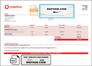 USA Vodafone invoice template in Word and PDF format, fully editable