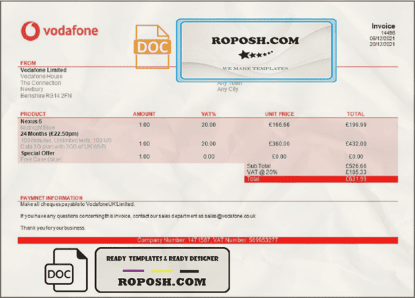 USA Vodafone invoice template in Word and PDF format, fully editable