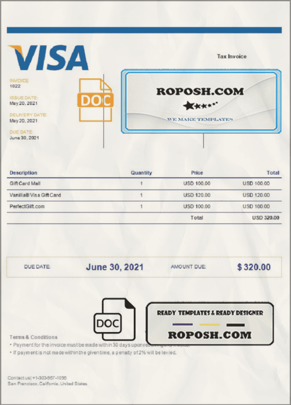 USA Visa invoice template in Word and PDF format, fully editable