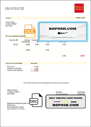 USA Wells Fargo invoice template in Word and PDF format, fully editable