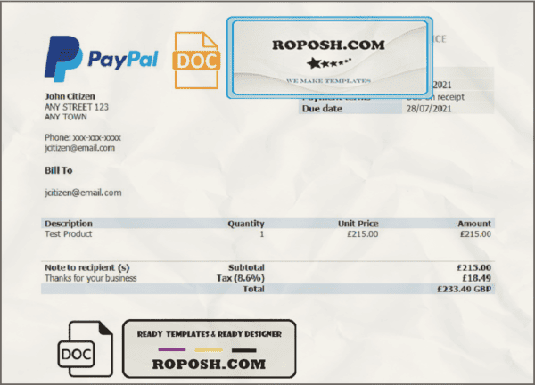 USA PayPal invoice template in Word and PDF format, fully editable
