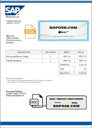 USA SAP invoice template in Word and PDF format, fully editable