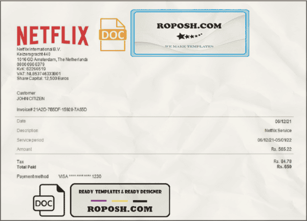 USA Netflix invoice template in Word and PDF format, fully editable